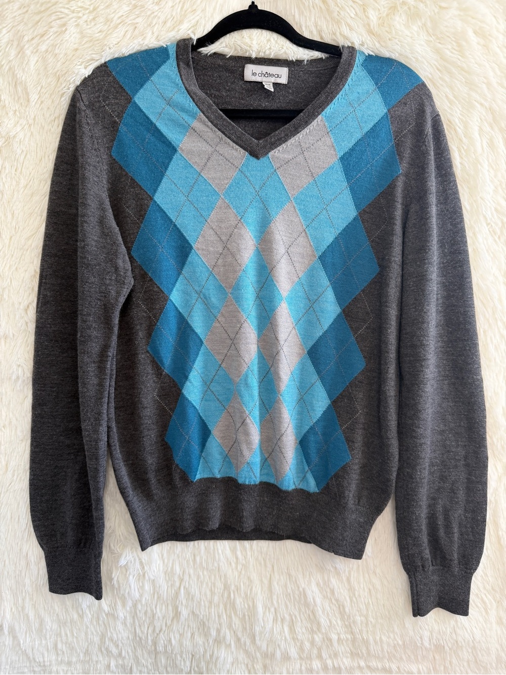 Le Château Mens Y2K Wool Blend V-Neck Argyle Sweater Size M Preppy Dark Academia